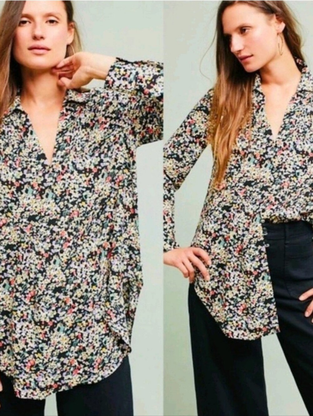 Mauve By Anthropologie Long Sleeves Floral Blouse - Black, Red, White